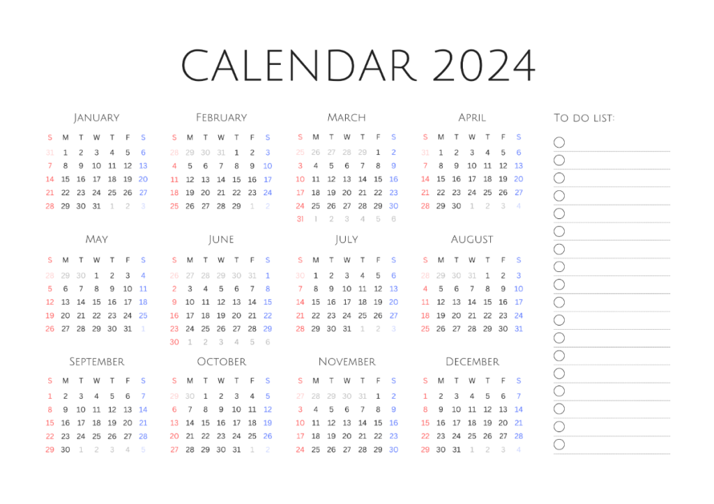2024 年間カレンダー｜横型｜印刷用