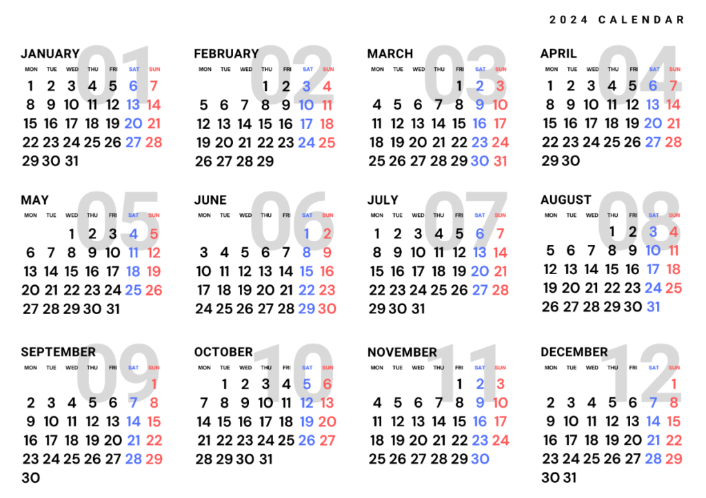 2024 年間カレンダー｜横型｜印刷用